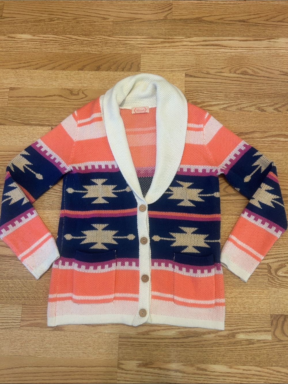 Blush Coral, Navy & Cream Southwestern Shawl Collar Cardigan
